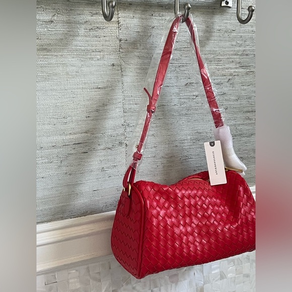 NWT new Anthropologie woven shoulder bag red faux leather zipper purse - Picture 12 of 14